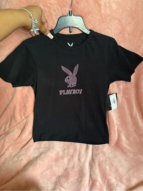 PLAYBOY Black Tee with Pink Rhinestone Logo